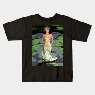 Fairy standing in a lily pond Kids T-Shirt